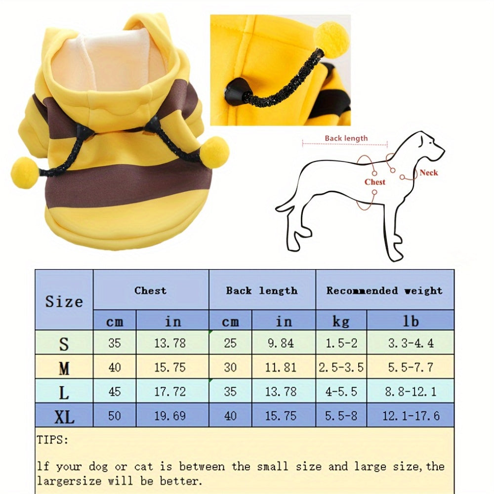 Bee costume hoodie for small to medium pets, suitable for cats and dogs under 8kg. Made from 100% polyester with a cute bee design.