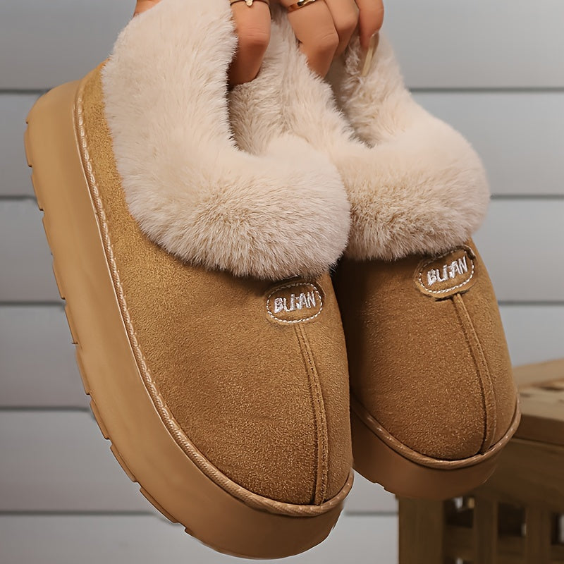 Women's preppy solid color slip on furry slippers with soft warm fleece, round toe, EVA sole, fabric upper and inner material, all-season casual wear.