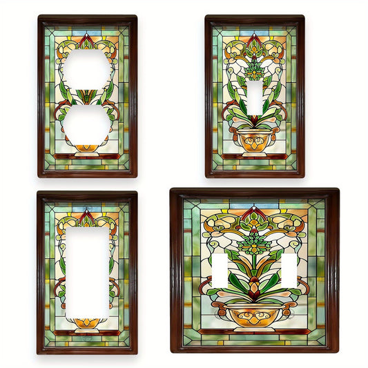 Single Art Nouveau stained glass switch plate cover for light switches or outlets, no electricity required, for home decor indoors or outdoors.