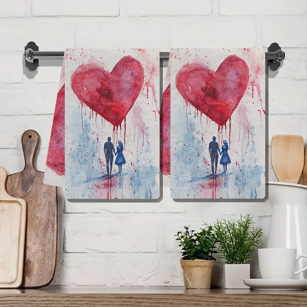 Get cozy with this set of 2 Romantic Valentine's Love Kitchen Towels, made from ultra soft and highly absorbent polyester. Measuring 40.64x60.96 cm, these dish hand towels feature a watercolor heart and couple design perfect for holiday decor. Machine