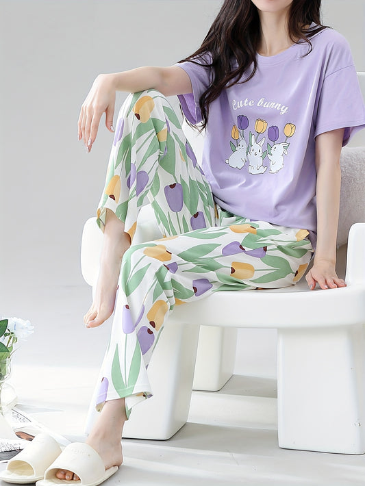 Spring and Autumn Women's Pajama Set: Short Sleeve, Long Pants, Casual Flower Rabbit Design for Both Indoor and Outdoor Wear.