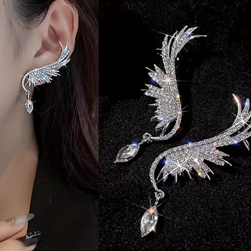 Elegant Angel Wing Ear Cuff Studs with Synthetic Rhinestone Inlay, 925 Sterling Silver Post, Zinc Alloy, December Birthstone, for Women, Daily & Party Wear, Ramadan Holiday Gift, All