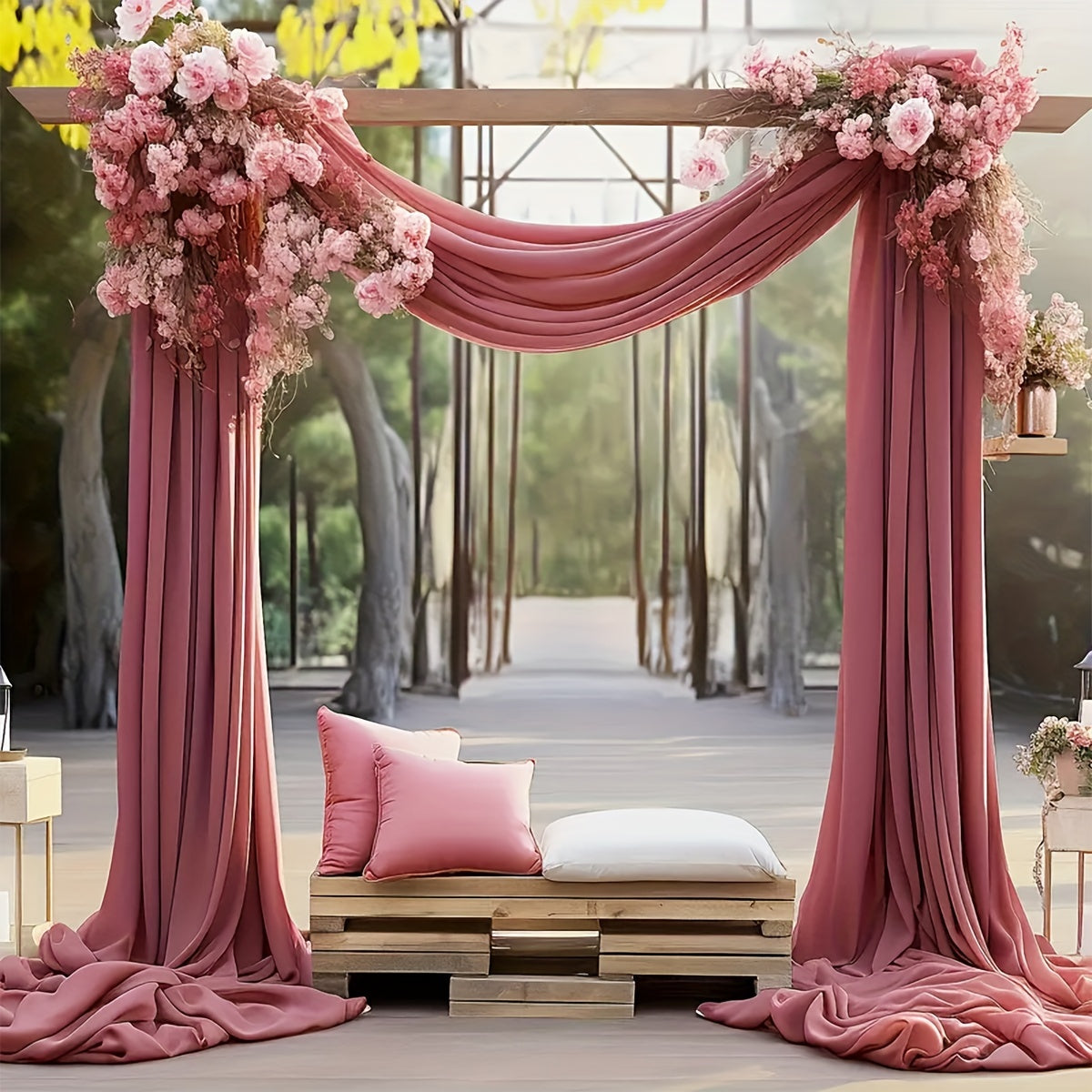 Polyester sheer fabric draping panel for wedding arch, backdrop curtain voile drapery for woodland ceremony, party decor, outdoor reception table runner.