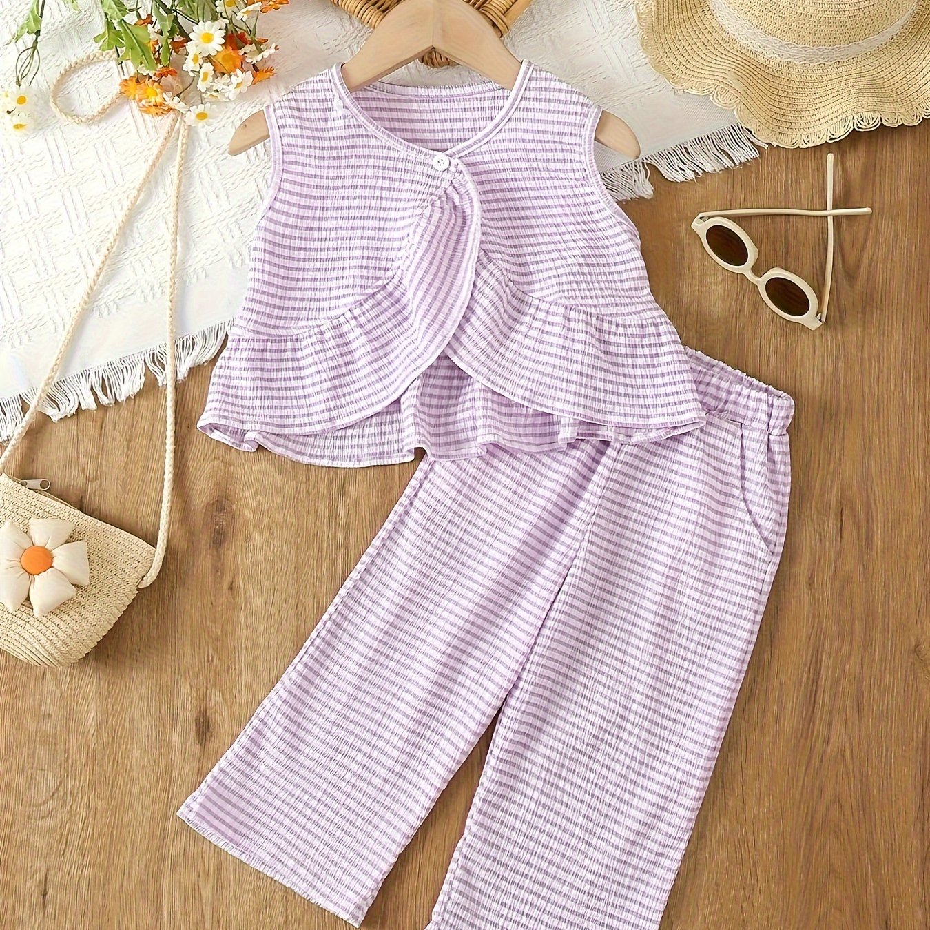 Summer plaid pants set for girls with V-neck top and wide-legged pants, made of polyester knit fabric. Features elastic waist and loose fit, perfect for outdoor activities.