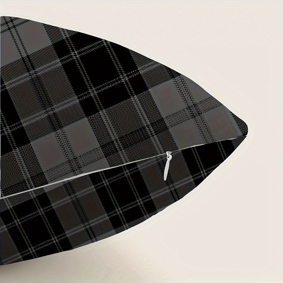 Grey and black plaid throw pillow cover made of peach skin velvet material measuring 45.72x45.72 cm. It features a dual-sided print, zip closure, and is machine washable. Perfect for adding a cute touch to your living room, bedroom, or car decor.