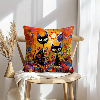 Folk art style black cat throw pillow cover with sun and flowers design. Made of 100% polyester, hand wash only. Features zipper closure, suitable for couch, sofa, living room, bedroom. Available in two sizes: 29.97cm X 50.04cm and 44.96cm X 44.96cm.