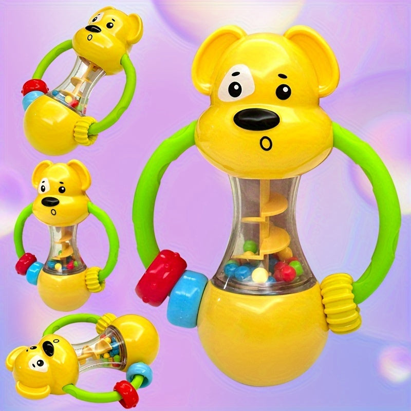 Soft rubber rattle with a puppy theme for young children, featuring a comfortable grip design and available in various colors. A fun early learning toy for little ones.