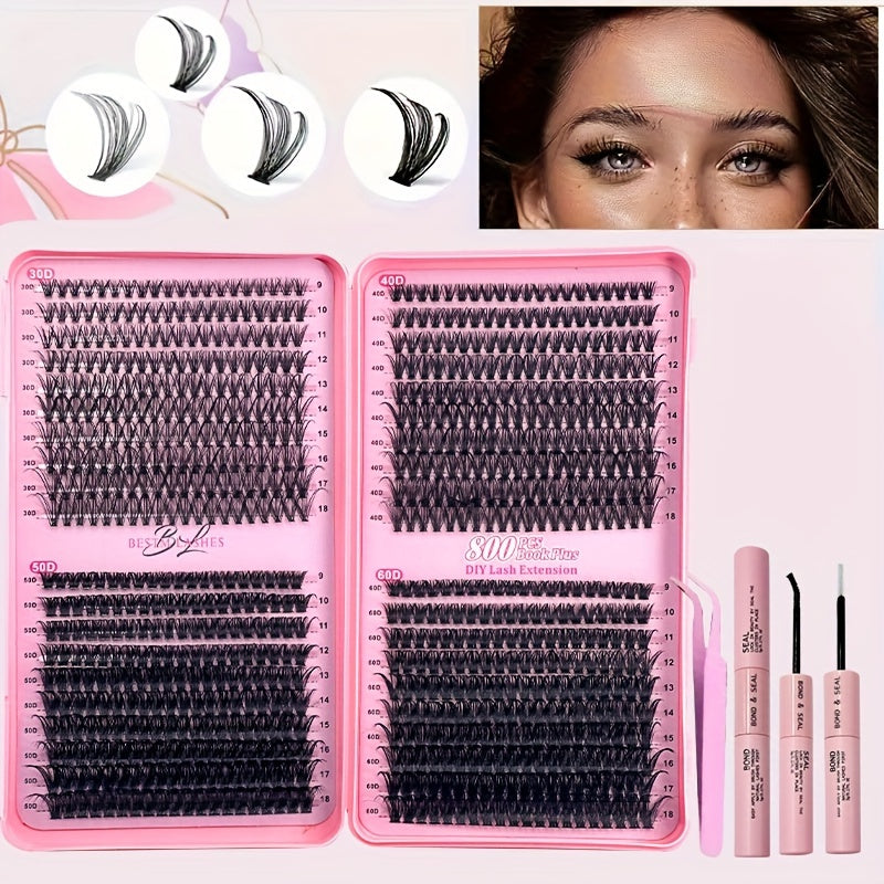 DIY eyelash cluster set with 800/200pcs of 30D-60D single eyelashes in mixed 9-16mm lengths for a super thick, D curl effect at home, creating a light cartoon eyelash look.