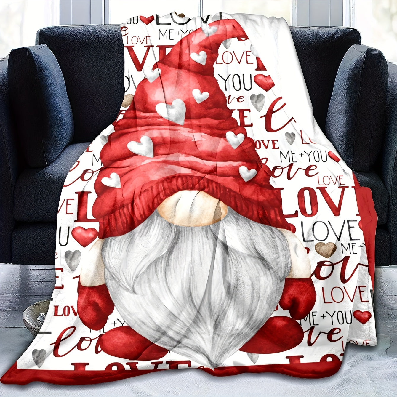 Gnome-themed blanket with "Love" English letters, perfect for decorating your couch, sofa, or bedding room. This super soft fleece flannel throw is a great Valentine's or Christmas gift idea.