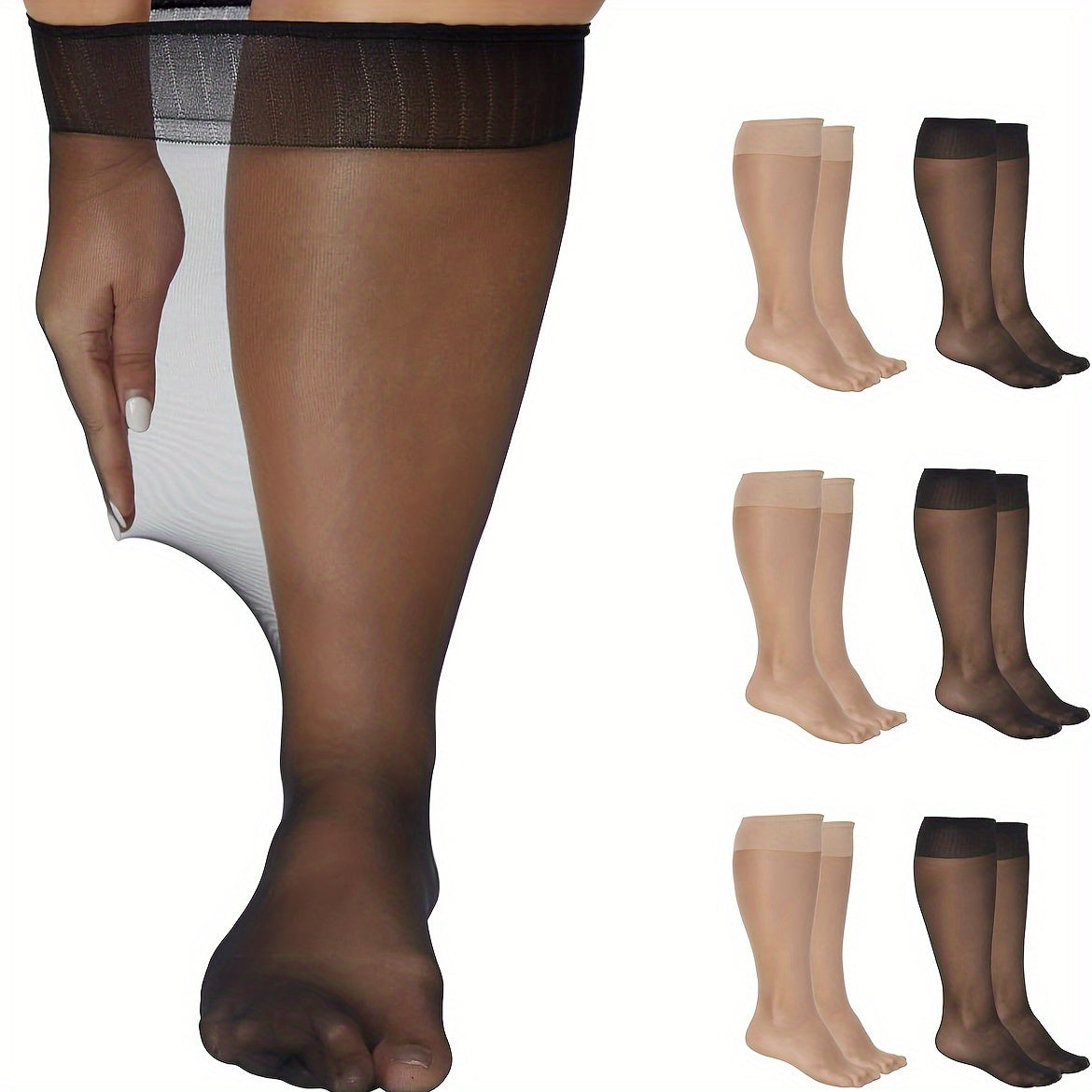 Six pairs of plus size women's casual calf socks, solid color anti-hook summer thin stretchy knee-high socks.