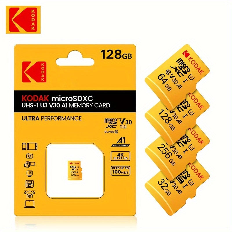 KODAK MicroSDXC memory card for high-speed 4K video recording, available in 64GB/128GB/32GB sizes. Ultra performance, no battery needed.