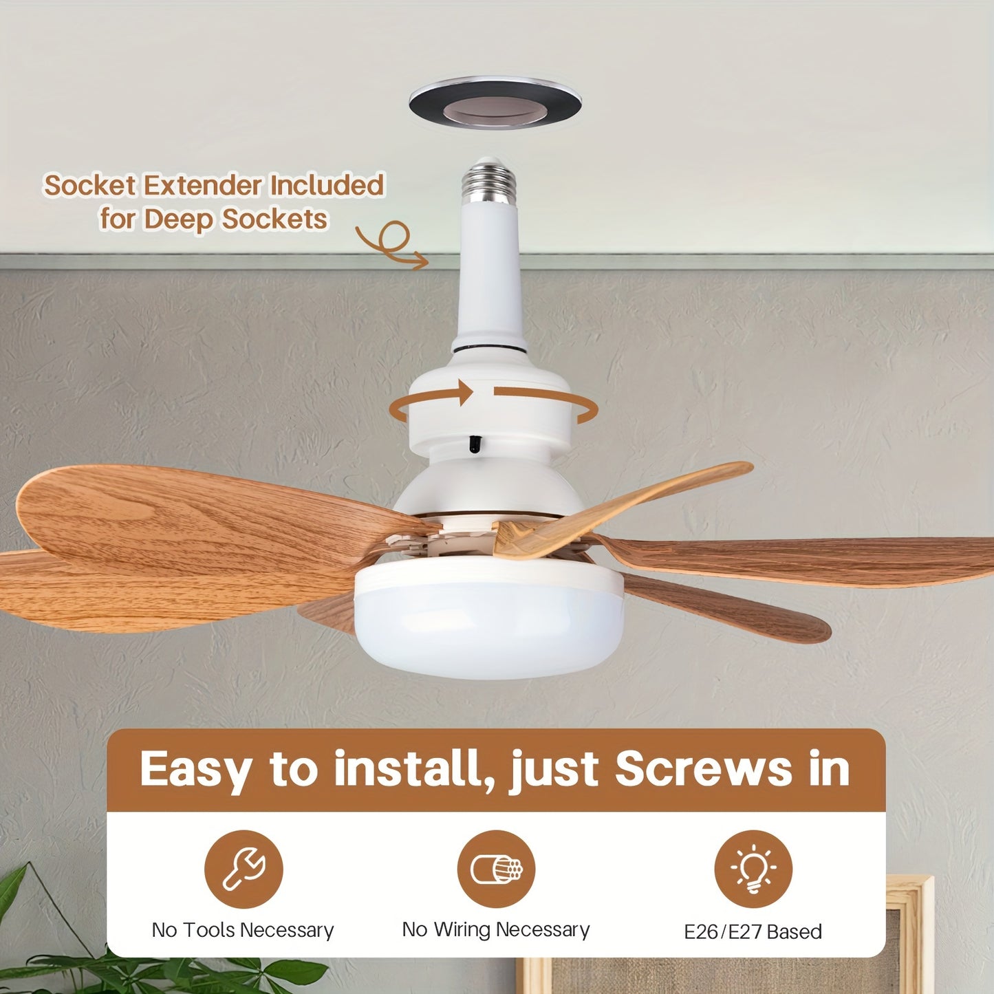 SURNIE Modern Matte Ceiling Fan with Remote Control featuring 6-Blade Wood Grain design, Dimmable LED Bulb, 3 Speeds, E27 Base, Indoor Use for Bedroom, Kitchen, Living Room - Compatible