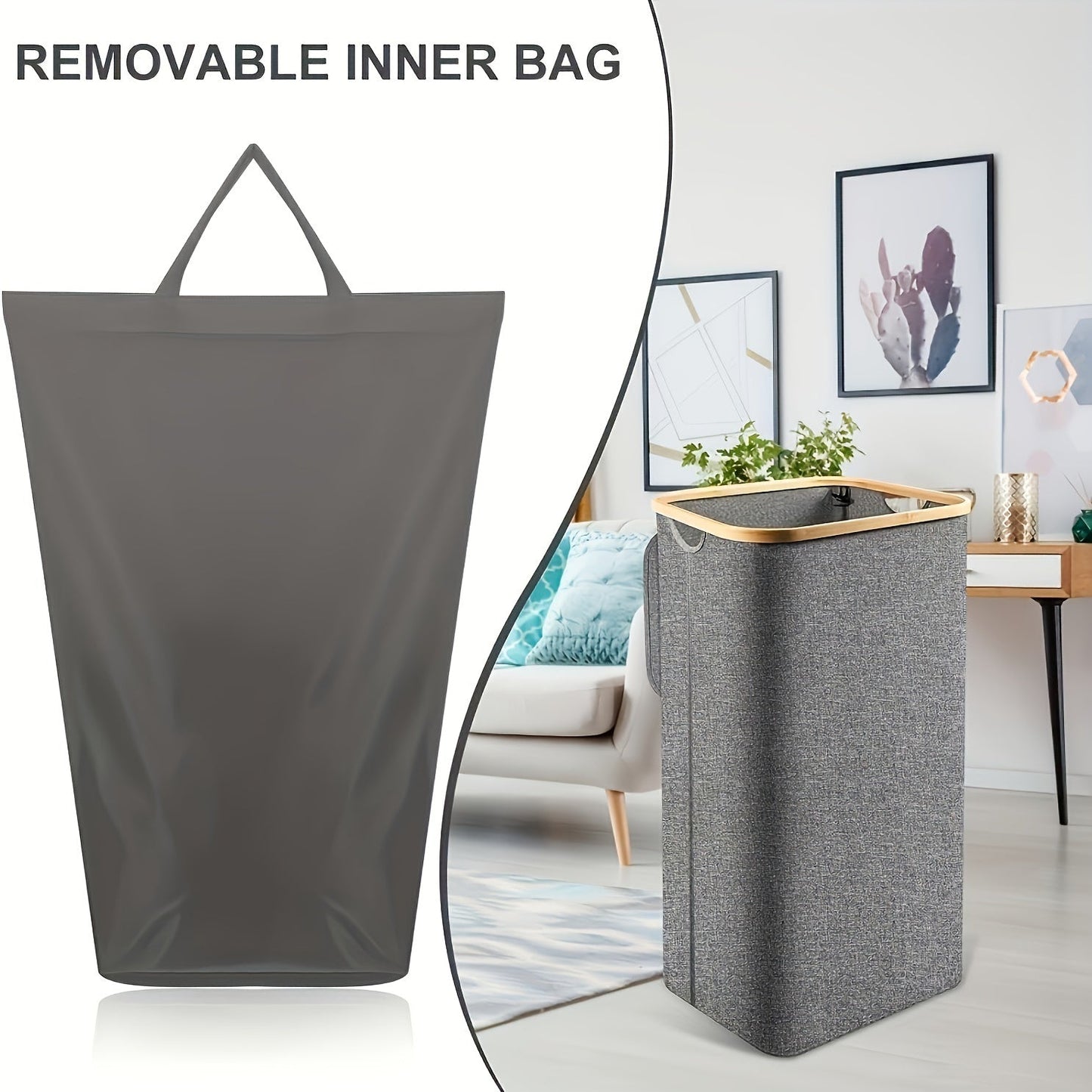 One large laundry basket with lid, able to hold up to 100L of laundry. This tall organizer basket is perfect for dirty clothes and can be easily folded when not in use. It includes handles for easy carrying, a waterproof removable bag, and is collapsible