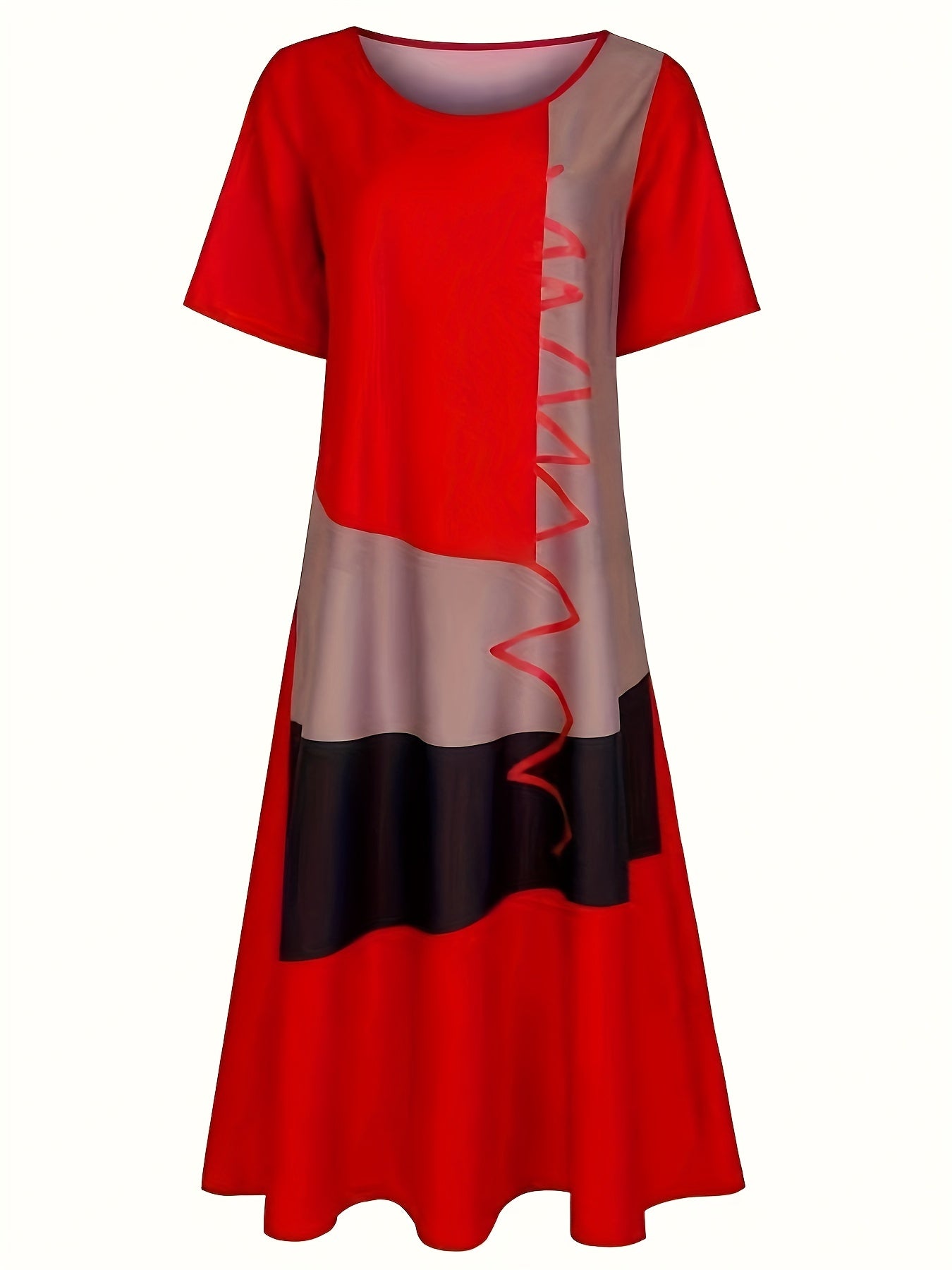 Vibrant red and black abstract print maxi dress with pockets for plus size women, perfect for casual spring/summer wear.