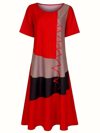 Vibrant red and black abstract print maxi dress with pockets for plus size women, perfect for casual spring/summer wear.