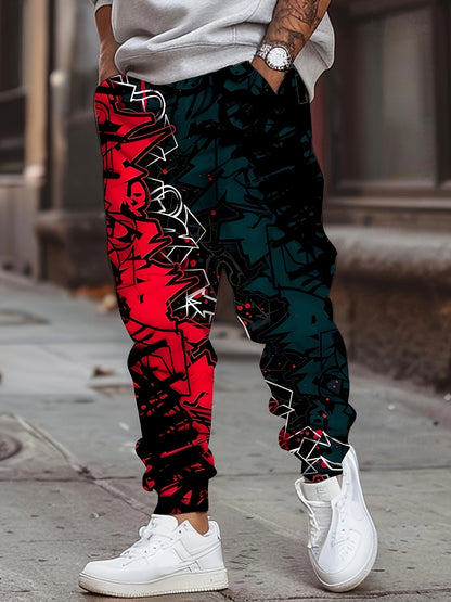 Men's Lifestyle Flex joggers with 3D graffiti print, drawstring, and pockets - comfortable polyester sweatpants for all seasons.