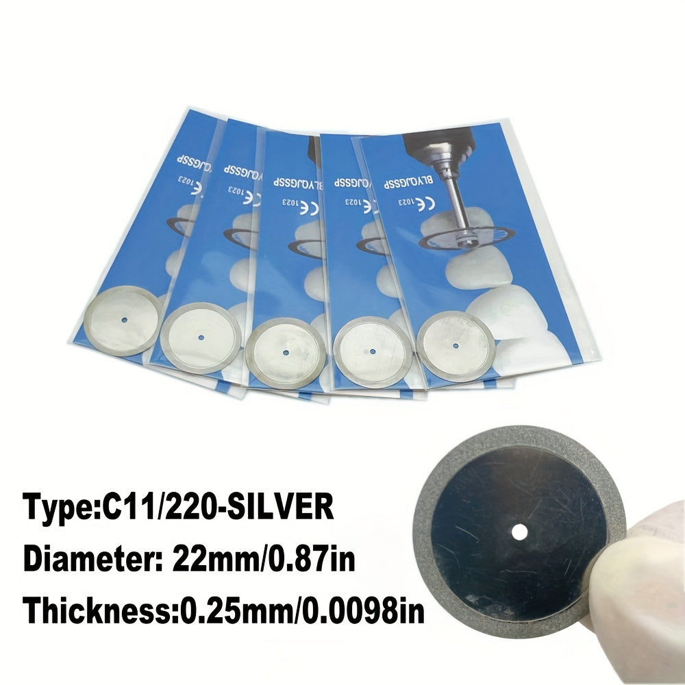 Five dual-sided diamond cutting discs for dental labs, in silver or golden, for high precision grinding and polishing.