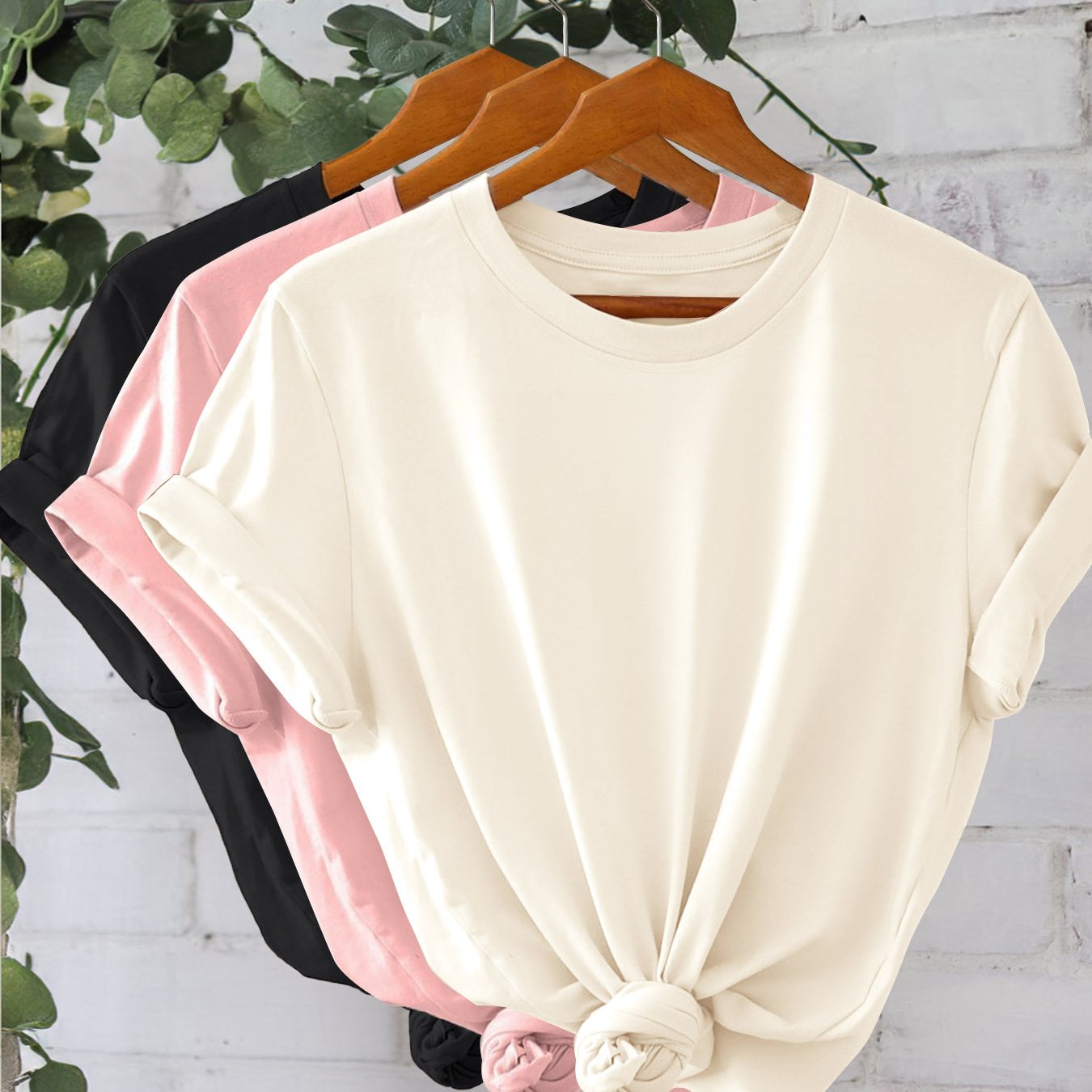 Set of 3 women's solid color T-shirts with short sleeves, crew necks, and knot detail, perfect for summer and spring. Machine washable and lightweight.