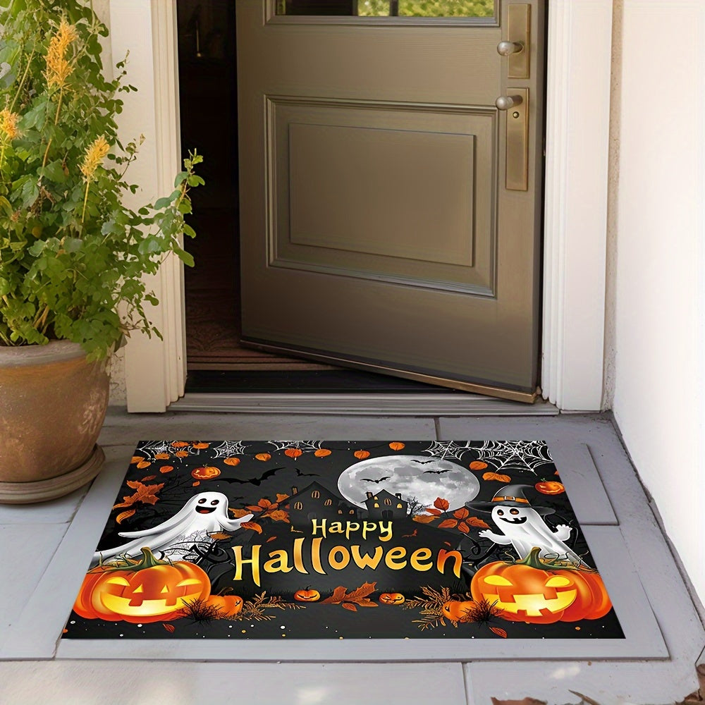 Get into the spooky spirit with our "Happy Halloween" doormat! Made of durable, non-slip, and machine washable polyester, this outdoor mat features a festive design of ghosts, pumpkins, and autumn leaves. Perfect for your entryway, living room, kitchen