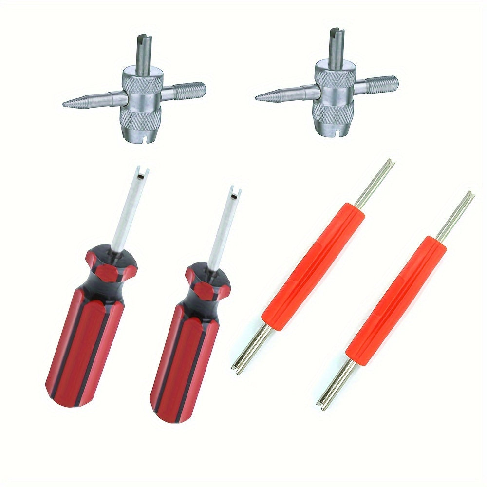 Two sets of four-in-one wrenches and two sets of double-head wrenches, as well as two black and red wrenches that are compatible with cars, bicycles, and motorcycles. Additionally, includes double-head tire valve stem removal tools with a core