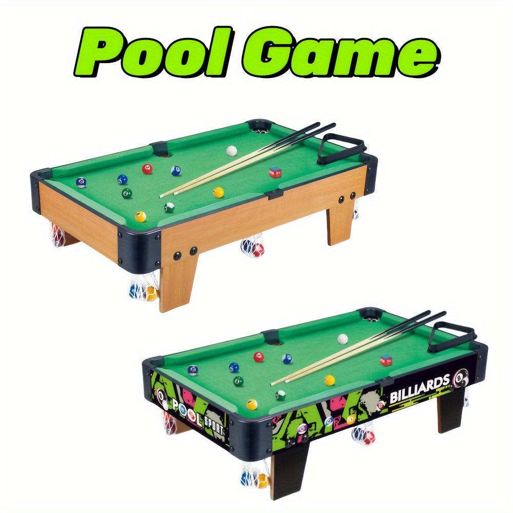 3 sizes of self-assembled pool tables with cues and 15 balls. Ideal for multiple players, made with a wooden frame for indoor fun.