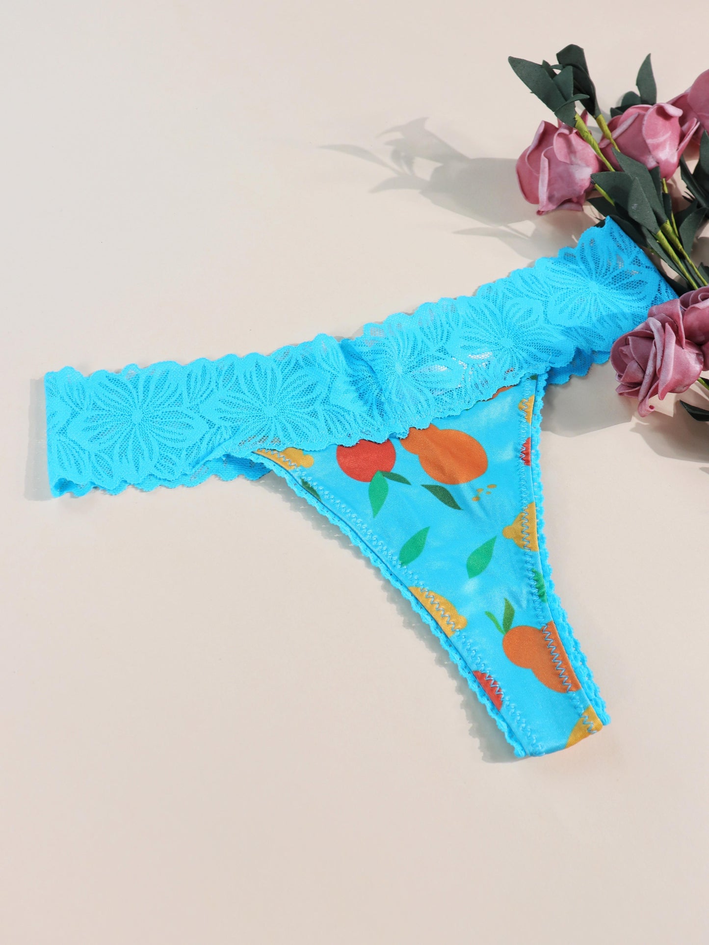 Blue fruits print G-string thongs, low waist lace panties - women's lingerie & underwear.