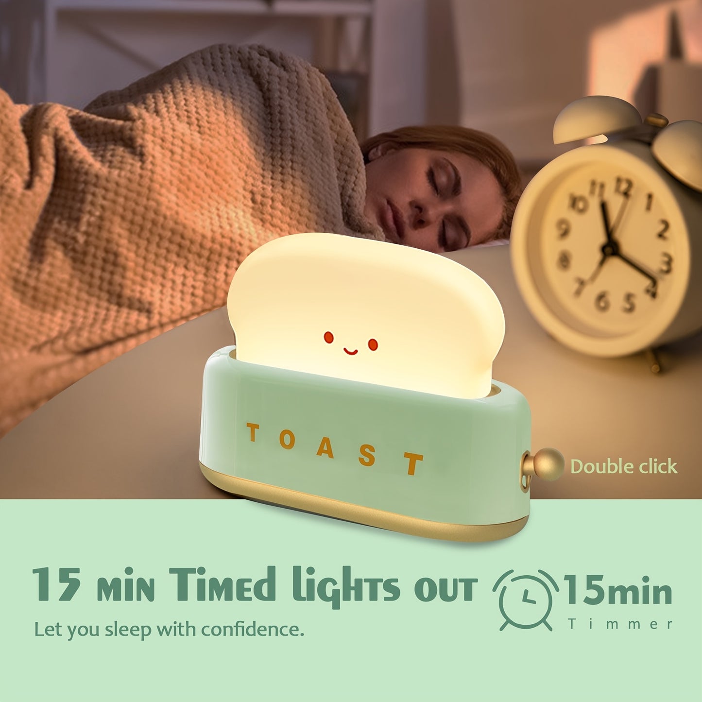 Adorable toaster-shaped LED lamp that doubles as desk decor and bread night light. Features dimmable settings, timer, and rechargeable design. Perfect for bedside or desk use.