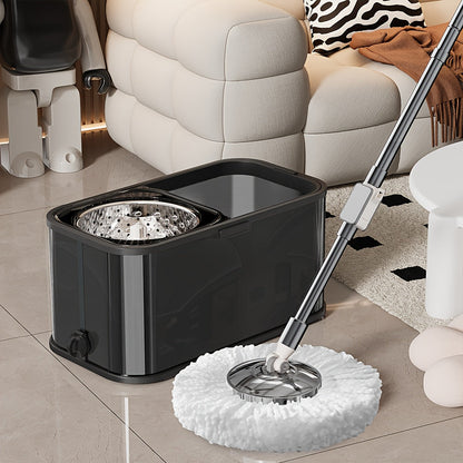 This set includes a stainless steel self-wringing mop with carrying handle, featuring a 360° rotating head and 2 microfiber pads. The manual center pivot cleaning system requires no electricity, making it perfect for home use in the living room, bedroom