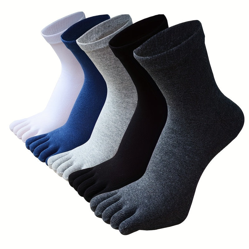 5 pairs of men's comfortable five-toe crew socks in plain colors, made from breathable and odor-resistant cotton.