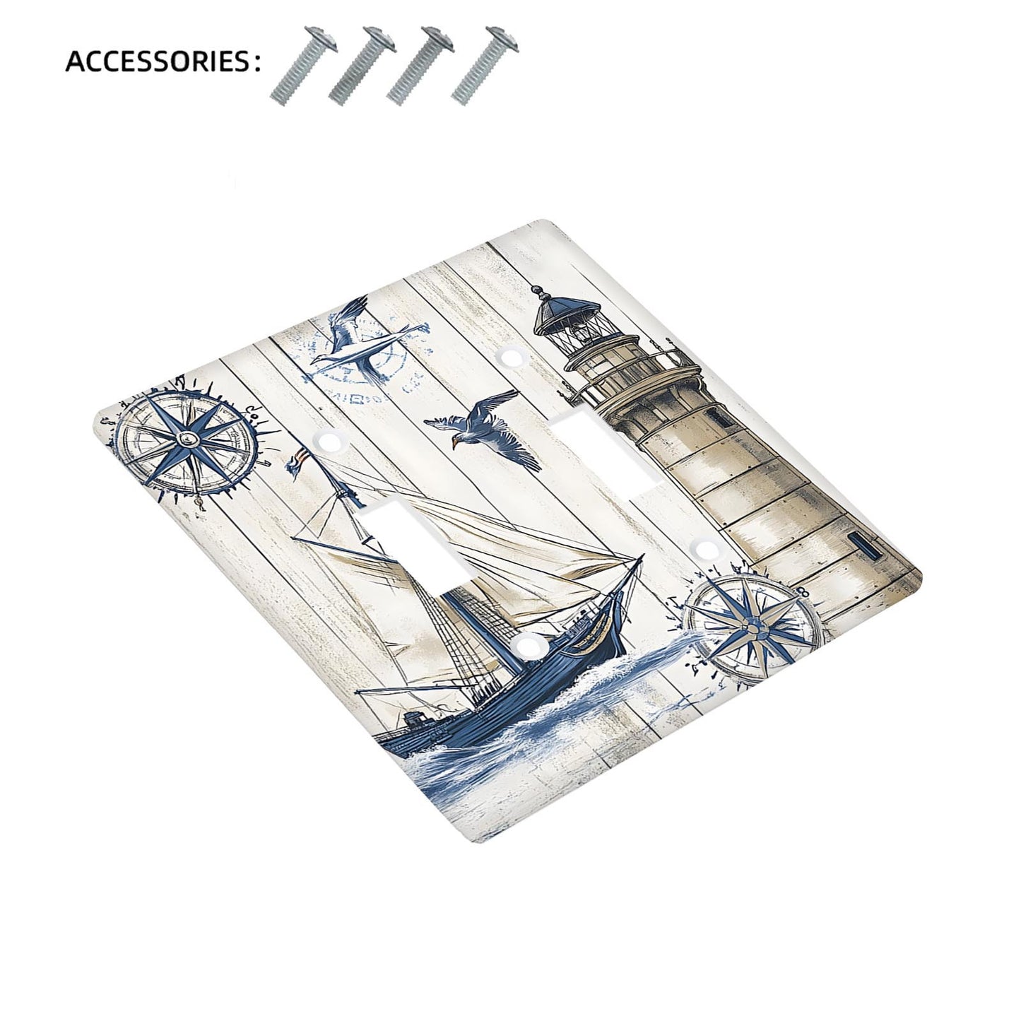 Nautical sailboat lighthouse print switch plate cover for easy-to-clean home decor, available in 1-gang or 2-gang sizes.