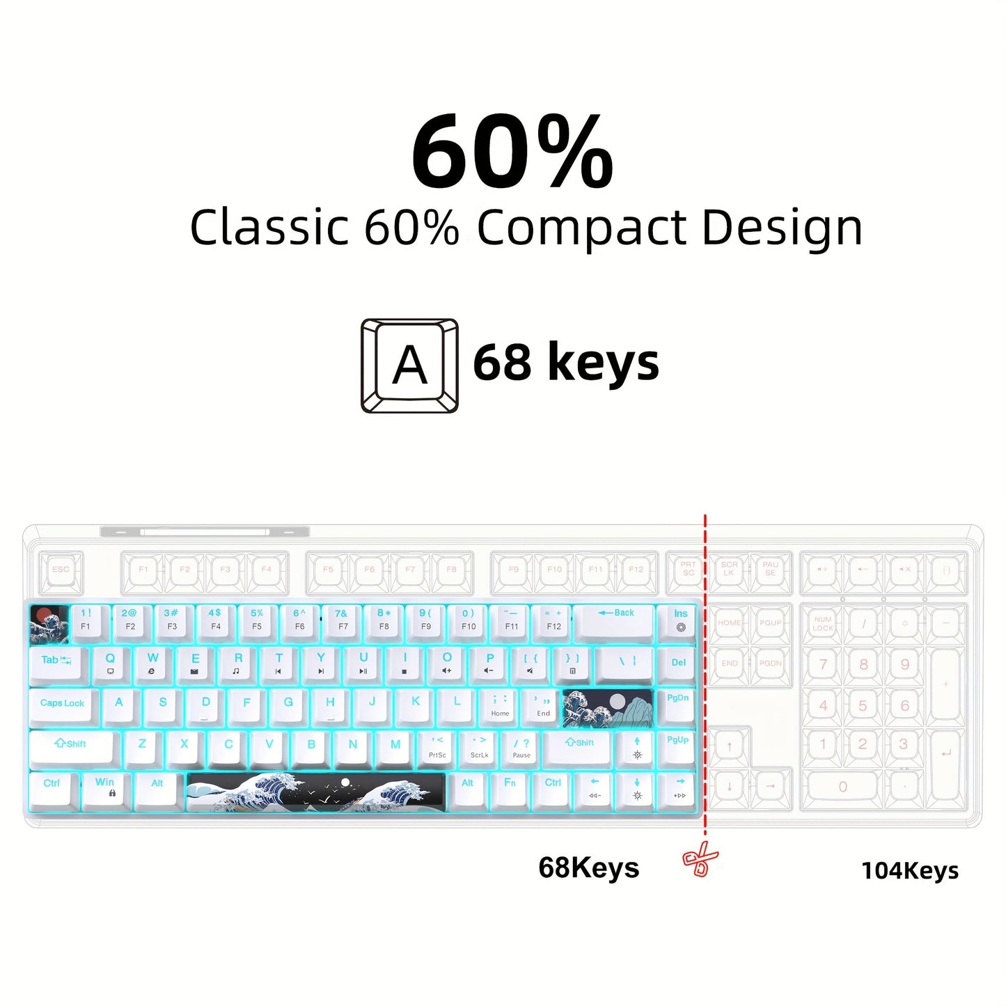 HXSJ ergonomic wired mechanical gaming keyboard with 68 keys, PBT custom dye sublimation keycaps, backlit, USB powered, includes USB cable and keycap puller, for computers/laptops.