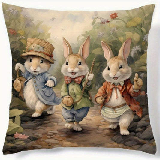 Easter-themed vintage rabbit pillow cover with cute cartoon design. Perfect gift for friends or holiday decoration. Suitable for balcony, living room sofa, bedroom, dorm room, car, or outdoor use. 45.72X45.72cm size, insert not included.