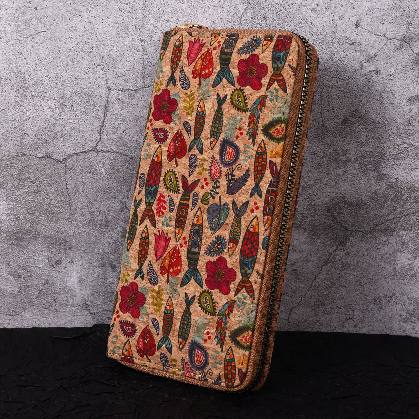 Ethnic style long wallet with floral design and multi card slots made of retro vegan leather.