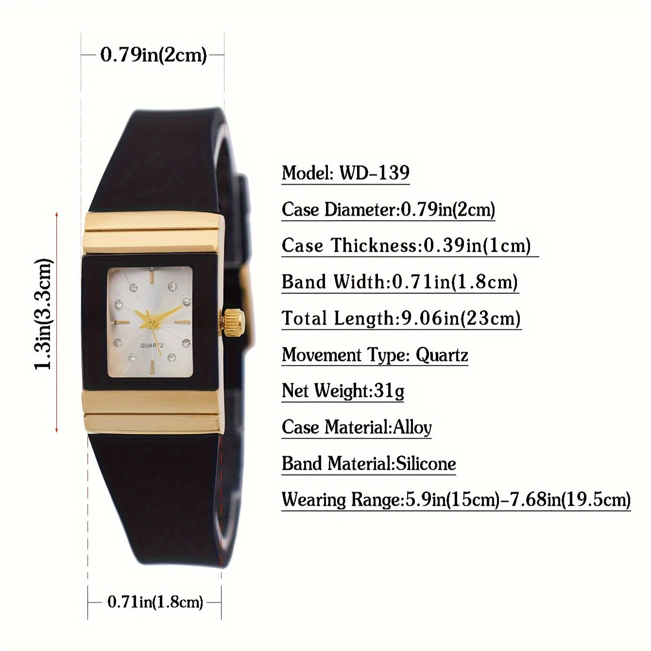 Square black and gold silicone band watch for women