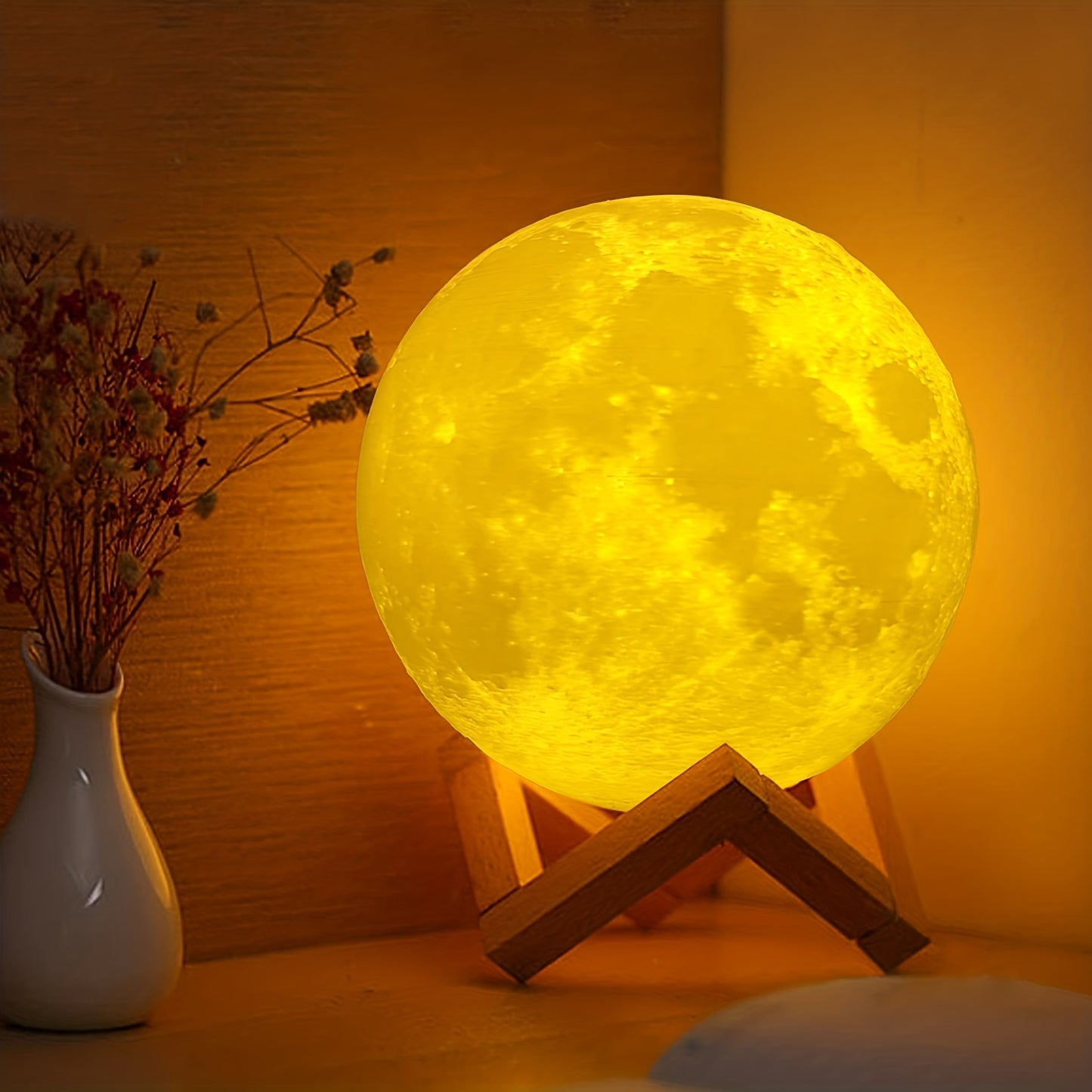 Moon night light for girls with wooden base, 2 control methods (remote and touch), rechargeable with 128 colors, 12cm diameter. Perfect gift for holidays and special occasions.