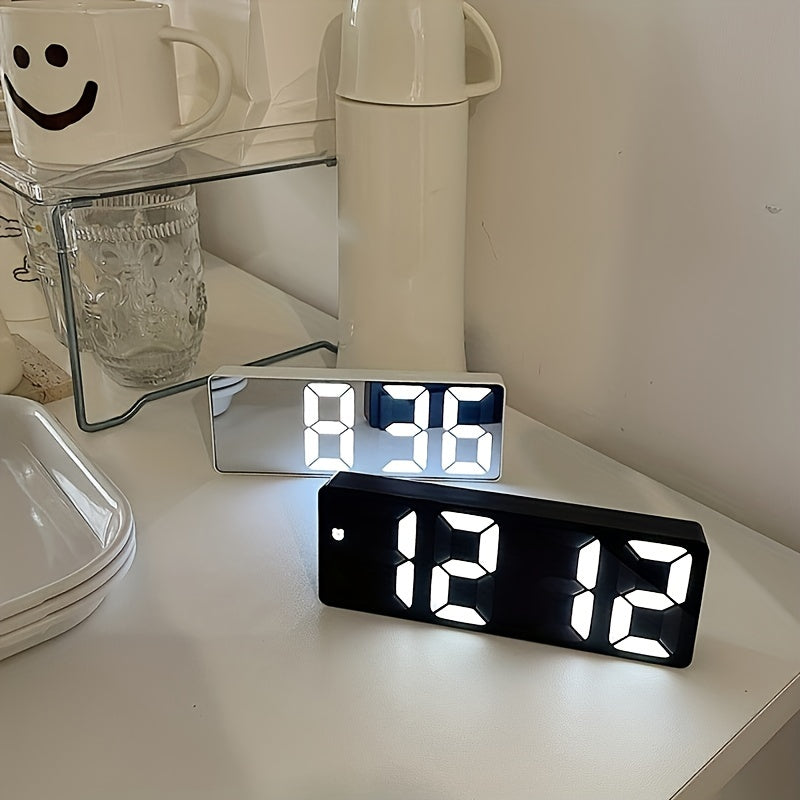 Smart LED desk alarm clock with voice control, silent alarm, snooze function, and wake up alarm.