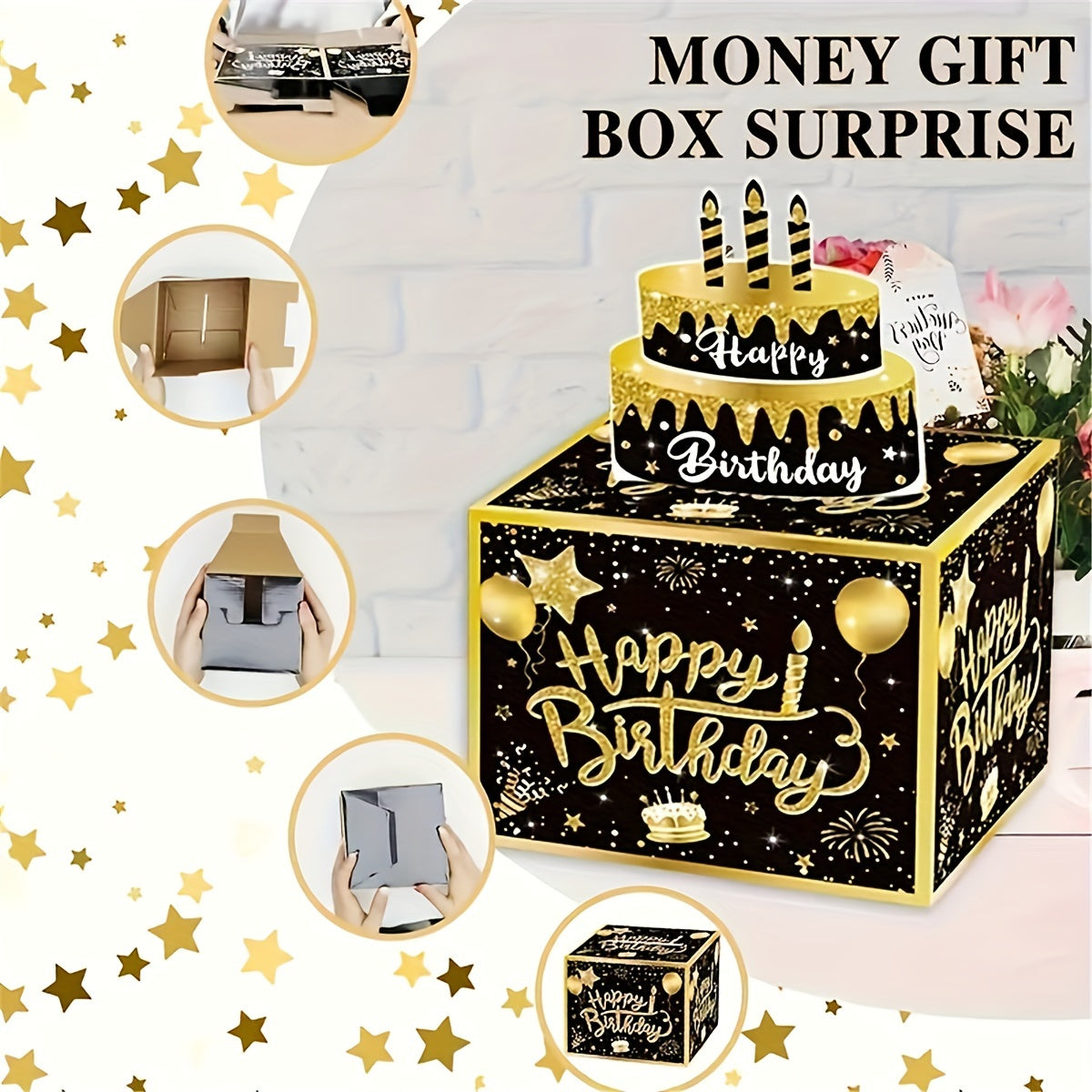 Black & Golden Birthday Money Pull-Out Gift Box with Cake Card - Surprise Cash Drawer for Friends & Family, Ideal for Birthday Parties & Celebrations, Great for Back-to-School.