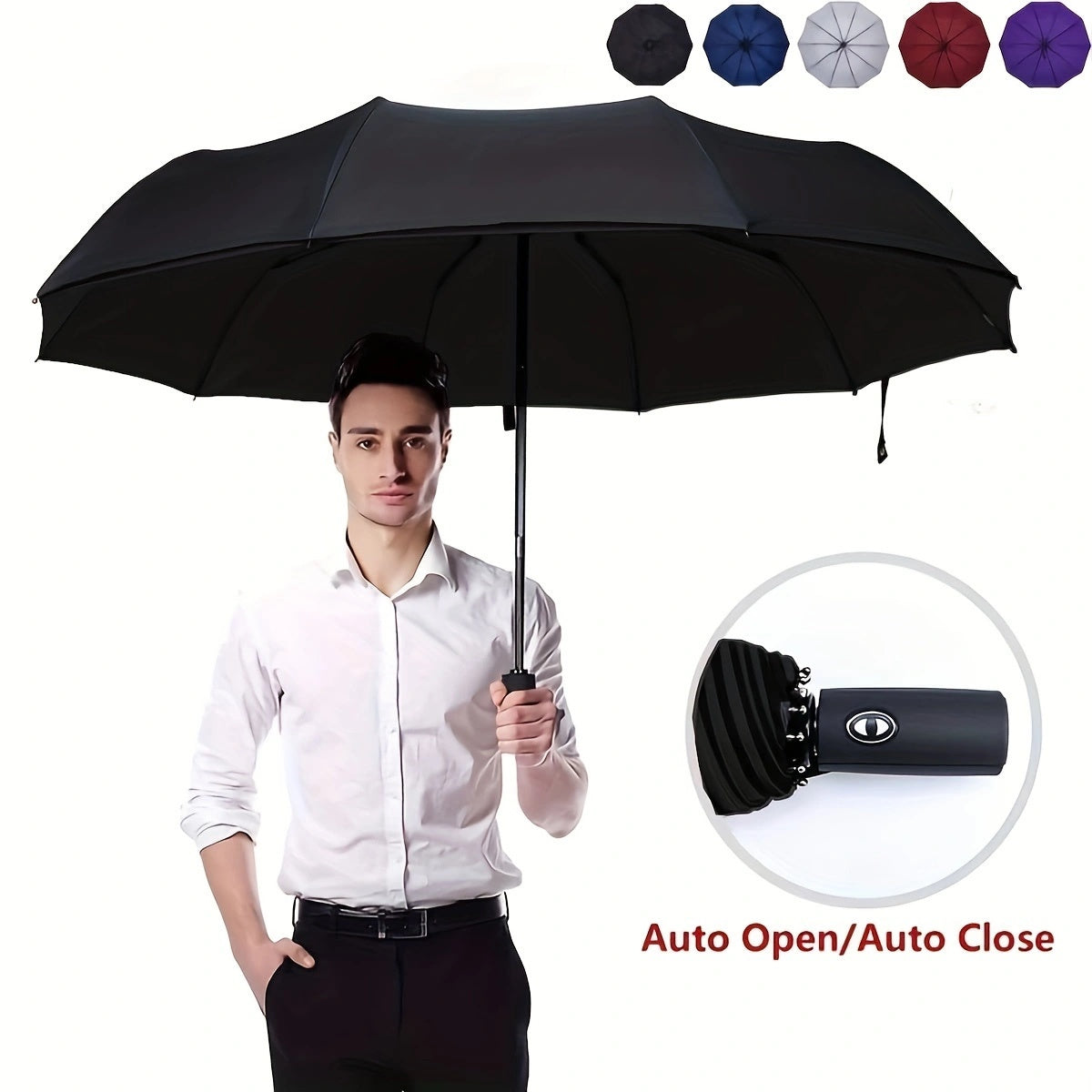 Automatic tri-fold umbrella with windproof feature and durable canopy for enhanced rain protection, perfect for business use.