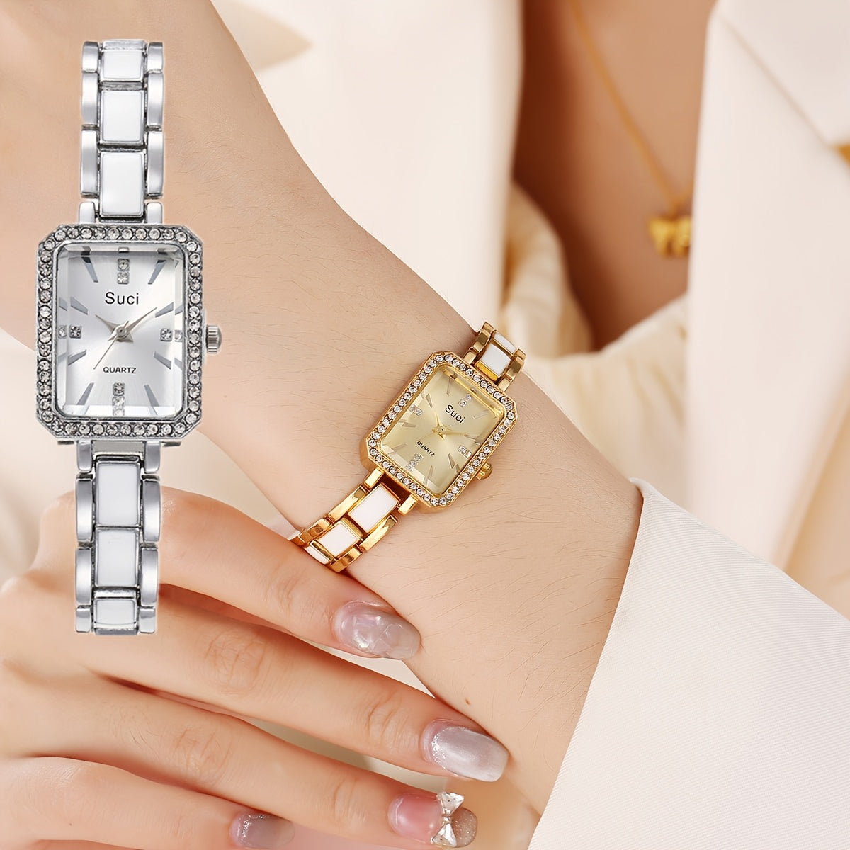 Chic square crystal luxury women's watch with minimalist design, quartz movement, zinc alloy strap, ideal Ramadan gift.