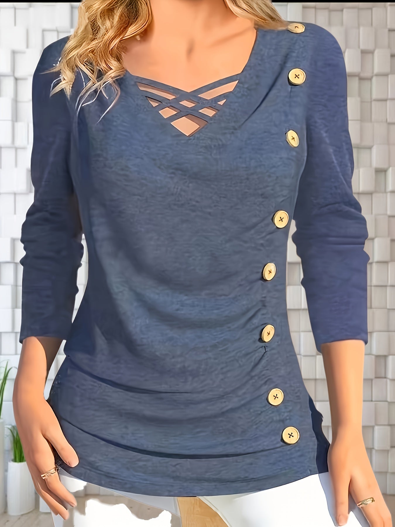 Crisscross V Neck T-shirt with Button Long Sleeve Ruched Top for Women