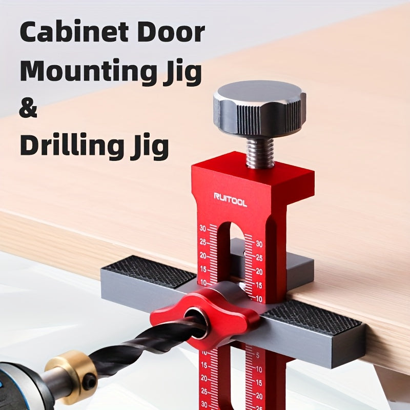 RUITOOL 2 In 1 Cabinet Door Installation Positioner made of rust-resistant aluminum alloy with non-slip design. Includes drill bits and has a clamping range of 7-40mm. Ideal for cabinet