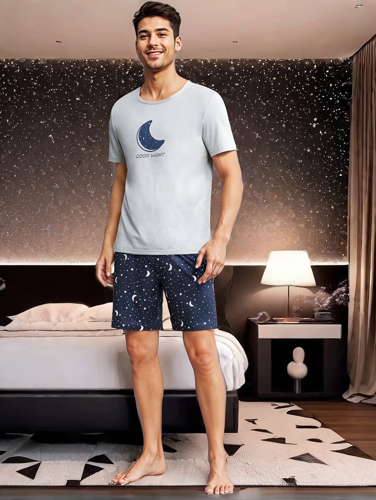 Men's moon and slogan graphic tee and galaxy print shorts pajama set made from polyester with crew neck, medium stretch, random print, regular fit, knit fabric, and elastane composition.