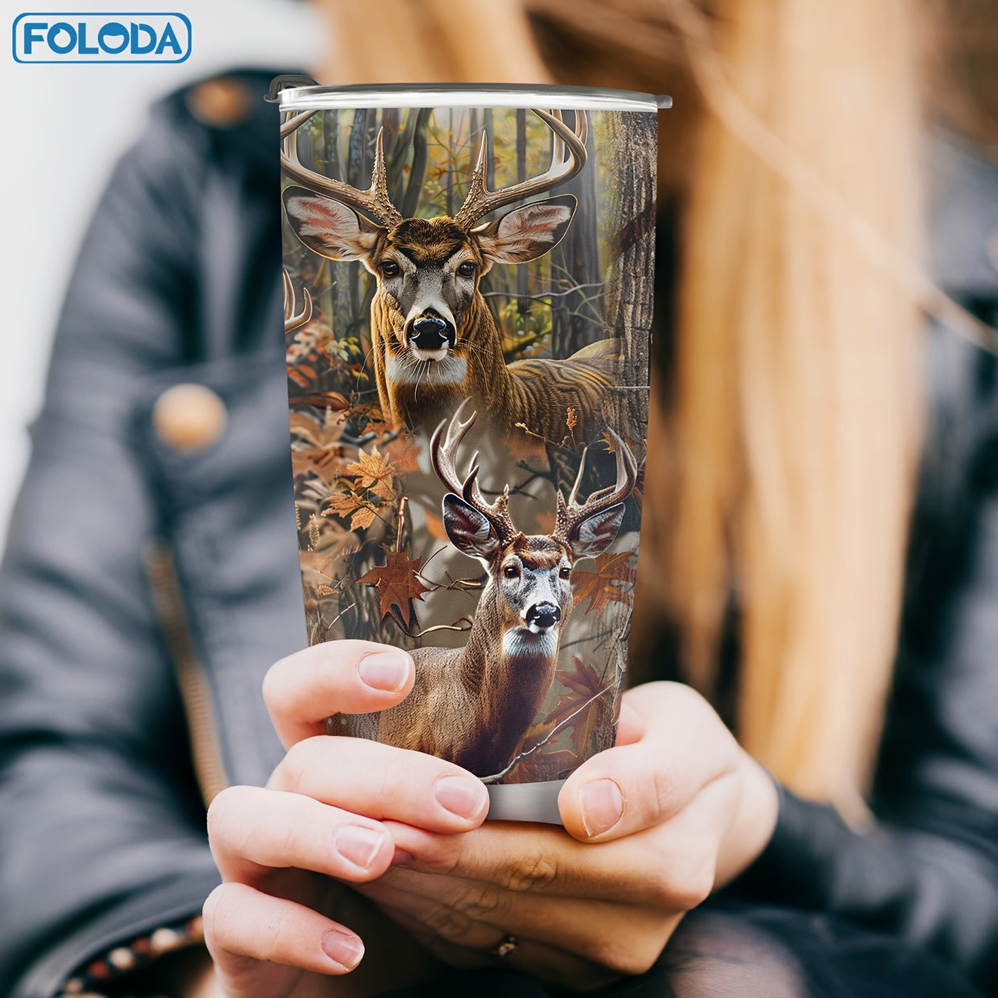 20oz stainless steel deer hunting tumbler with lid, autumn forest design, ideal gift for hunters, dad, or papa. Hand wash only. Great for Christmas, birthdays, or Valentine's Day.