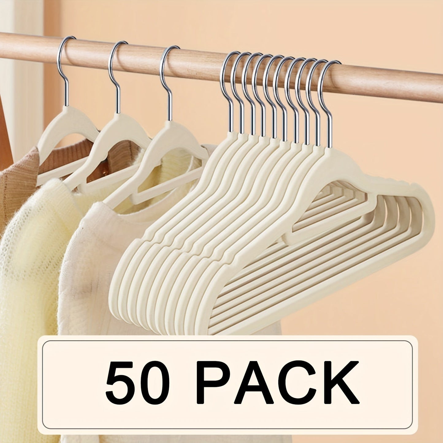 Upgrade your wardrobe organization with this set of 50 sleek black velvet hangers. These non-slip hangers feature 360° swivel hooks and a slim design, perfect for suits, coats, dresses, and more. Made from durable ABS plastic, these hangers are ideal for