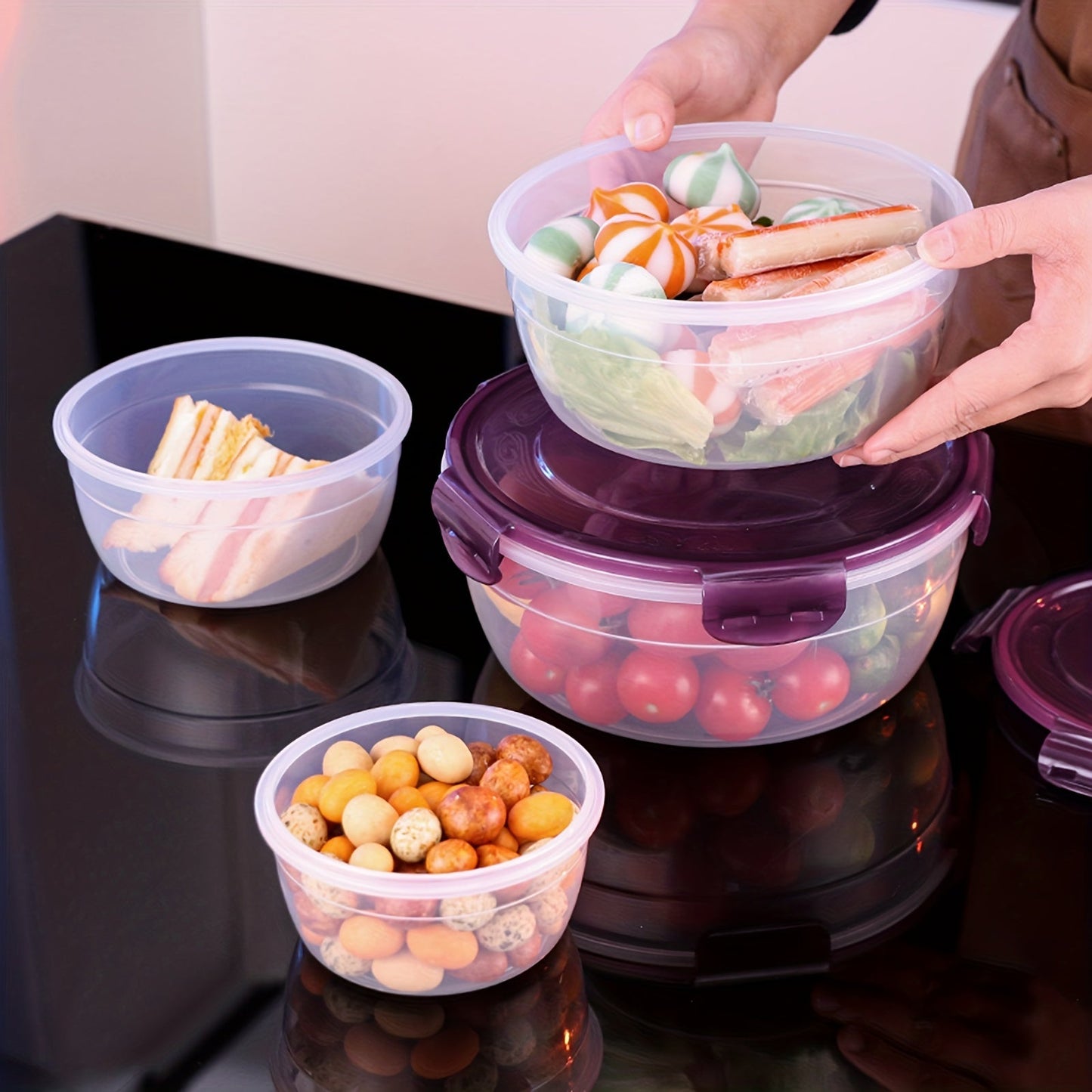 Set of 4 Storage Boxes, Contemporary Round Style for Fresh Food Storage, Convenient and Portable Containers for Refrigerator and Microwave Use, Perfect for Picnics, Camping, Back to School Supplies.