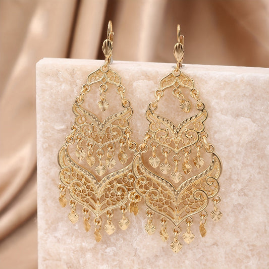 Vintage court-style chandelier earrings in a stunning gold-tone design, perfect for any festive occasion or celebration - versatile for all seasons.