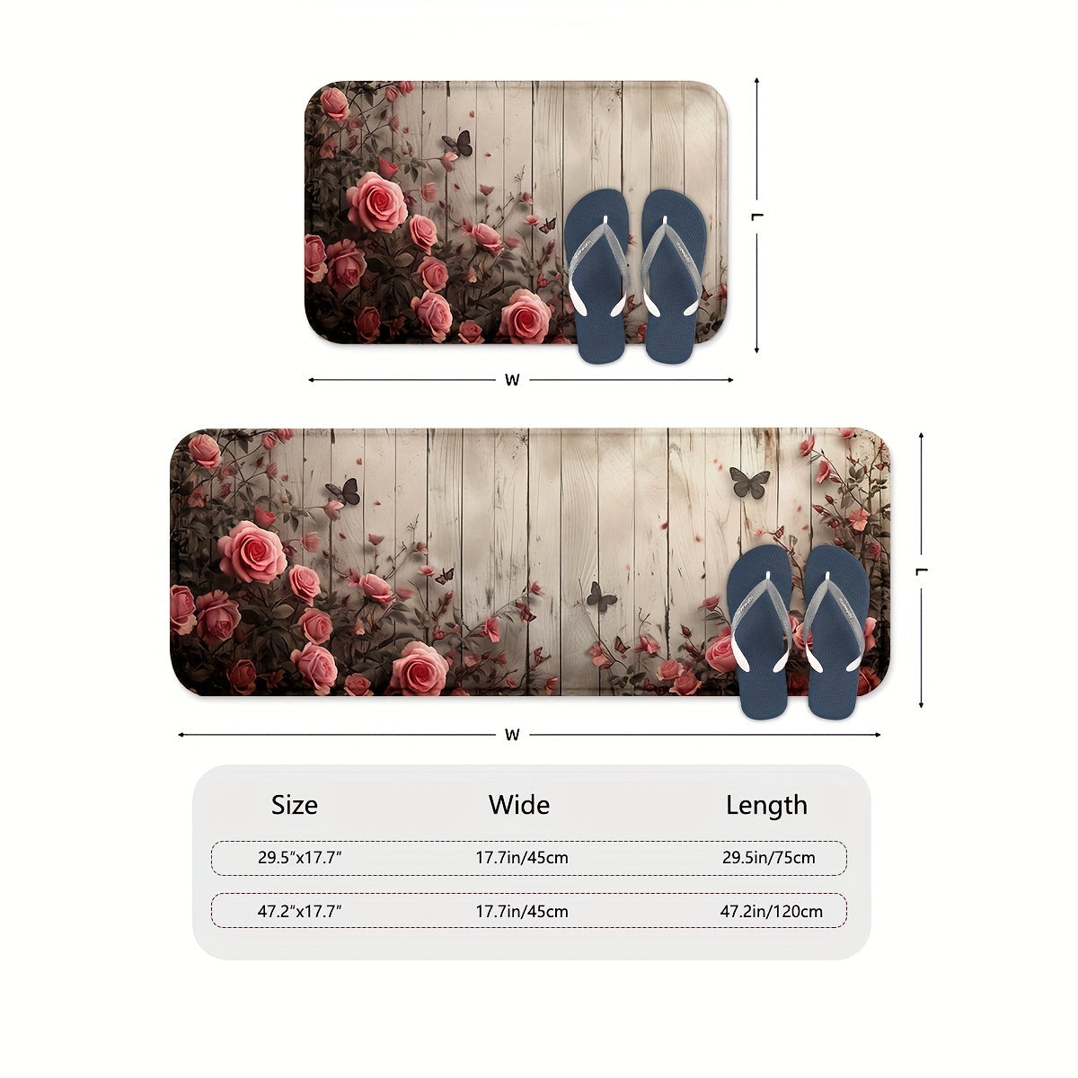 Set of 1 or 2 Rose And Wood Wall Pattern Kitchen Mats, Non-Slip and Sturdy Bathroom Pads for Floors, Soft Standing Runner Rugs, Carpets for Kitchen, Home, Office, Laundry Room, Bathroom, Perfect for Spring Decor