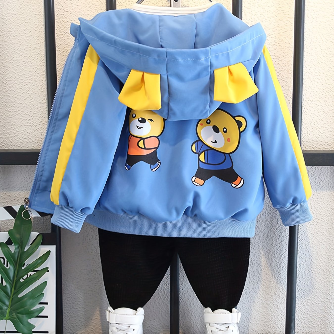 Boys' Lightweight Hooded Jacket with Bear Cartoon Print - Yellow with Blue Trim and Bow Details - Ideal for Spring and Fall, Kids' Outerwear | Vibrant Youngsters' Fashion | Easy Zipper, Boy