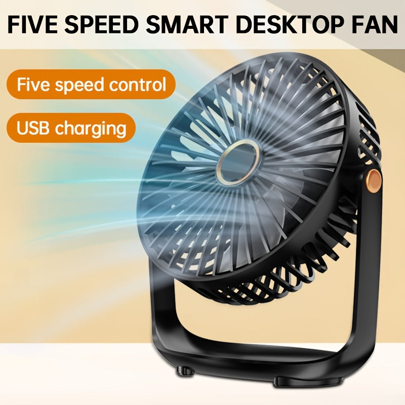 Mini desktop fan with night light, USB rechargeable and 5-speed settings. Perfect for home, office, bedroom, dorm, and more. Great for indoor and outdoor use. Makes a practical gift for summer, school, birthdays, Christmas, fishing, camping, and travel.