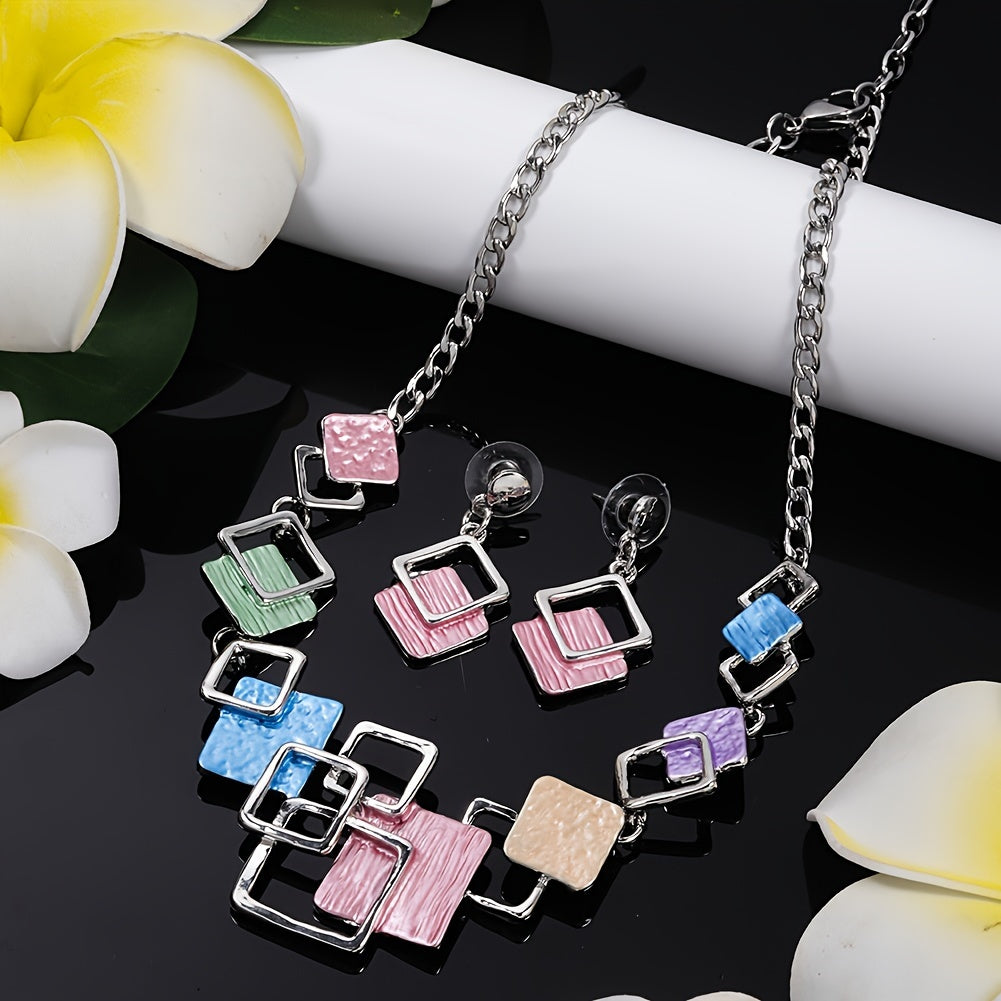 One trendy geometric design jewelry set includes one pair of earrings and one necklace in boho style, perfect to match with daily outfits or as a party accessory. Made from enamel, this set is a must-have addition to your jewelry collection.